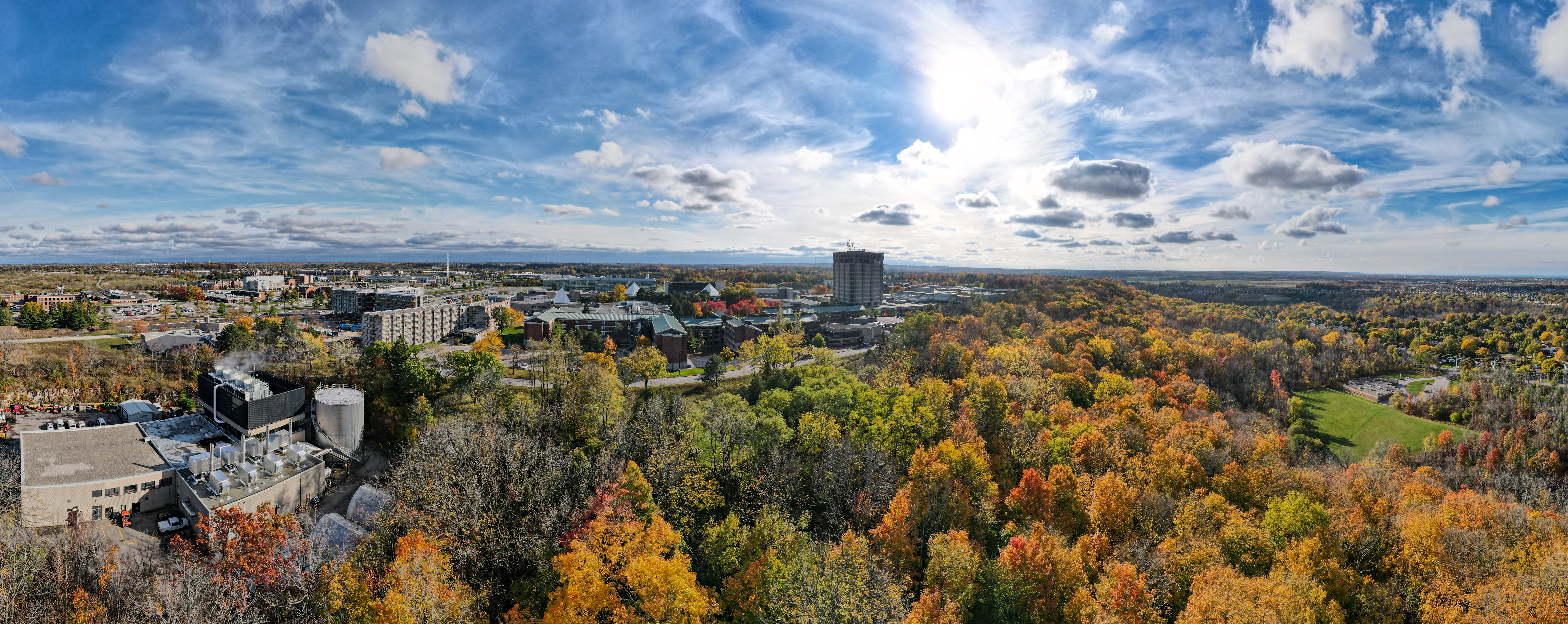 Aerial photo of campus taken from the Lake Erie vantage point, in fall via a drone.